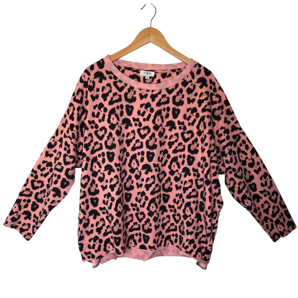 Umgee USA Leopard Print Long Sleeve Top Pink Black Large Side Pocket Casual
